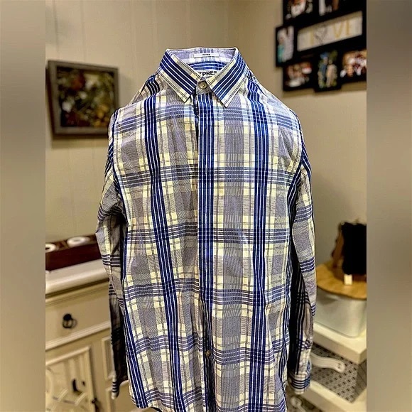 Express Men's Blue and White Plaid Shirt - Picture 1 of 3